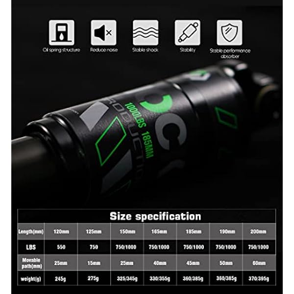 Chooee Amortiguador trasero bicicleta de montaña 120 mm/125 mm/150 mm/165 mm/185 mm/190 mm/200 mm Amortiguador trasero de la bicicleta